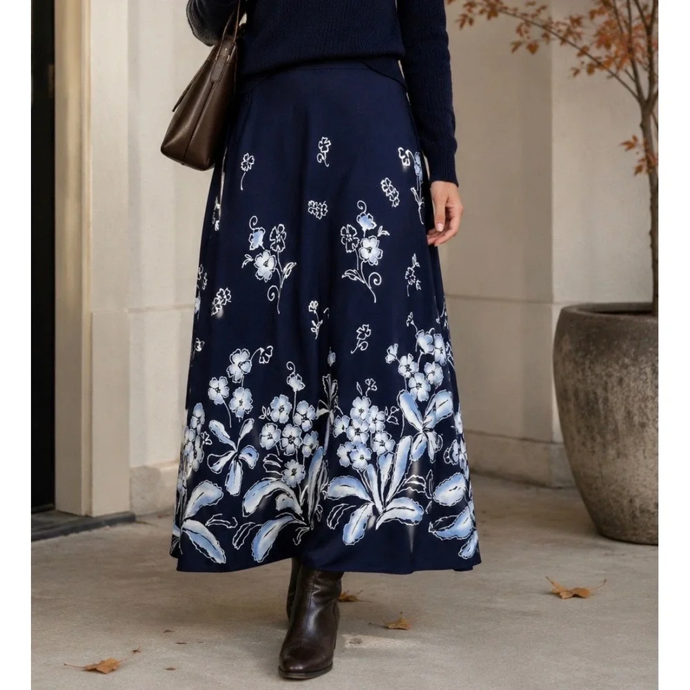 VTG Laura Scott Maxi Skirt Womens 18W Navy Blue Floral Border Print Cottagecore